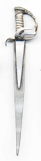  This bookmark was made in the US by an unknown manufacturer. It is marked sterling on the back. It is in the shape of a sword. The date is 1890 - 1910.  