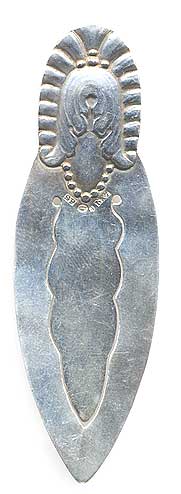  This bookmark was made in Sweden by the manufacturer whose hallmark is SP. It is marked with the state marks for Sweden, the city mark for Norrkoping, and the date mark for 1924. The top has a sort of bell shaped flower. 