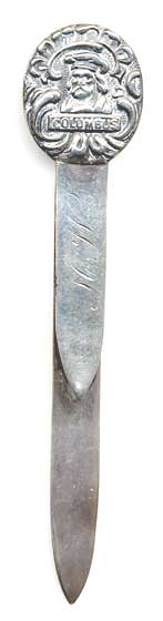  This bookmark was made in the US by an unknown manufacturer. It is marked sterling silver on the back. The top has a relief picture of Christopher Columbus and may have been a souvenir of The Columbian Exposition at The Chicago World's Fair of 1893.  The date is 1890 - 1900. 