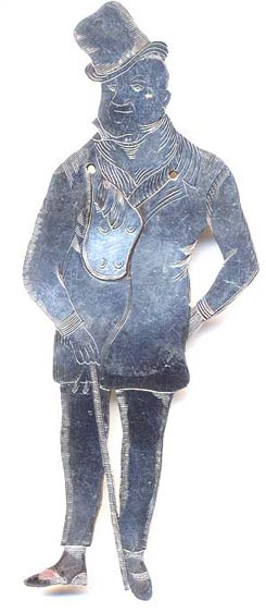  This bookmark was made in the US by J.F. Fradley. It is marked on the back with sterling, the manufacturers hallmark of a cross, the number 13, and Mr. Micawber. This is a figure of the Dickens character from the book David Copperfield. The date is 1890 - 1936. 
