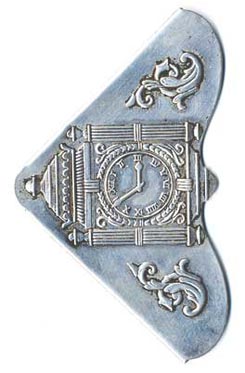  This bookmark was made in the US by Gorham. It is marked Marshall Field's and Gorham on the back. It is a corner bookmark, with a picture of the top of a grandfather clock showing a time of five minutes to three. This was made for the Marshall Field's department store in the late 60's early 70's. 