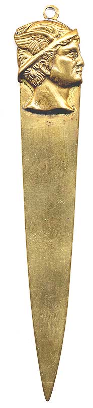  This bookmark is more of a paper knife than a bookmark but was probably used for both. It is made of brass and has the head of a Greek or Roman man on top. This piece dates from around 1890 - 1900.  
