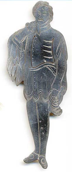  This bookmark was made in the US by J.F. Fradley. It is marked on the back with sterling, the manufacturers hallmark of a cross, the number 1864, the number 36, and Benedict. This is a figure of the Shakespeare character from the play Much Ado About Nothing. The date is 1870 - 1936. 