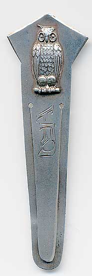  This bookmark was made in the a European country. It has two hallmarks on the back, one with LB or L8 and the other 875. The top has a figural owl.  The date is 1936.  