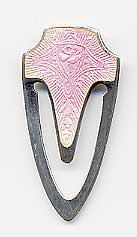  This bookmark was made in the US by F.A. Hermann Co. It has a hallmark on the back along with the word sterling. The top and the inner blade are finished in pink enamel. The date is 1900 - 1910.  