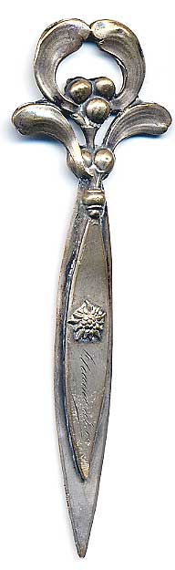  This bookmark was made in France. It has an art nouveau design at the top and is made of silver plated brass. The date is 1900 - 1910.  