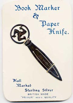 This bookmark is made in Glasgow, Scotland. It has the hallmarks which indicate this. The top is a symbol for the Isle of Man. The date is 1929.