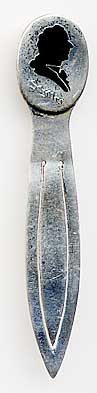  This bookmark is made in Europe (possibly Germany) by an unknown manufacturer. It is marked 935S on the back and is therefore slightly better than silver. The top is a black enamel sillouette of a man named Shiller.  The date is 1920 - 1940.  