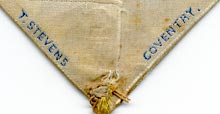 This bookmark was made in Coventry, England by Thomas Stevens. It is a woven silk bookmark commonly called a Stevengraph. This one is a tribute to a father. The back bottom is marked T. Stevens Coventry. The date is 1860 - 1890.