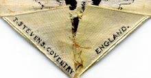 This bookmark was made in Coventry, England by Thomas Stevens in 1876 and is known as a Stevengraph. It was made for the Centenial celebration for the US. It is made of woven silk on a Jacquard loom and has a picture of George Washington. It says, "The first in peace, the first in war, the first in the hearts of his countrymen." The back is marked T Stevens Coventry England. 