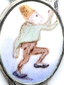  This bookmark was made in the US by an unknown manufacturer. It is marked sterling on the back. The top has an enamel picture of a clown or a monkey dressed as a clown.  The date is 1900 - 1910.   