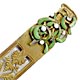 This bookmark was made in France by an unknown manufacturer. It is gold doré and green and white enamel. The blade has an intricate cutout design.