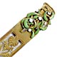 This bookmark was made in France by an unknown manufacturer. It is gold doré and green and white enamel. The blade has an intricate cutout design.