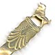 This bookmark was made in France. It is a French Palais Royal mother-of-pearl hand carved figural dog sitting up on a pedestal. The date is 1880 - 1900.