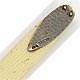 This bookmark is from Norway. The date is 1900 - 1910. The top blade is silver and is marked 830S H.Gm. with two other marks. The bottom blade is celluloid made to look like ivory.