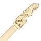 This bookmark is made in a European country probably between 1900 - 1920. It is made of ivory with a hand carving of a wolf dressed as padre holding a cross in one paw and a chicken in the other. It is possibly from a fairy tale.