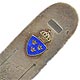 This bookmark was made in Sweden in 1932. It is marked CGH, other Swiss marks and the year mark F8. The top has a blue enamel shield with three crowns within and is topped by a more ornate crown. The middle blade is inscribed "J.P. 8/4 1935".