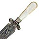 This bookmark was made in the US by an unknown manufacturer. It is marked only Sterling and is engraved May 31, 1894. It is in the shape of a knife or sword with a mother-of-pearl handle. 