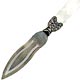This bookmark was made in the US by an unknown manufacturer. It is marked Sterling Top. The top is a blade of mother of pearl, which could be used as a page cutter.  The date is 1900 - 1910.