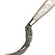 This bookmark was made in the US by an unknown manufacturer. It is marked sterling on the back. It is in the shape of a sickle with a mother of pearl handle. The date is 1900 - 1910.  