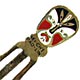 This bookmark was made in China. It is made of tin and enamel paint and has a white blue and red Chinese mask on top. Underneath the mask is written "Wei-Ch'e Pao-Lin". The date is 1970 - 1980.  