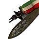 This bookmark was made in Italy. It is unmarked and is made of an unknown metal, possibly brass. It is a two piece bookmark separated by a green, white and red ribbon, the colors of the flag of Italy. One side is a pierced blade and the othe is a figural angel. The date is 1900 - 1910.  
