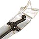 This bookmark was made in the US by an unknown manufacturer. It is marked Sterling on the blade of the sword. It is mother of pearl in the shape of a ribbon and the top blade is a sword. The date is 1900 - 1910.