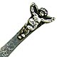 This bookmark was made in the US by an unknown manufacturer. It is marked sterling. The top has a figural cherub with arms and wings outstreached. The date is 1900 - 1910.