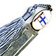 This bookmark was made in Helsinki, Finland by Karl A Lind. It is marked with many hallmarks, each with a different meaning. The 813H means it is .830 silver and the A6 is a date mark for 1930. The top is an enamel oval with a picture of the Finnish flag. It has a light blue silk tassel.
