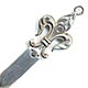  This bookmark was made in the US by an unknown manufacturer. It is marked sterling 1653 on the back blade. The top is a fancy fleur-de-lis. The date is 1900 - 1910.   